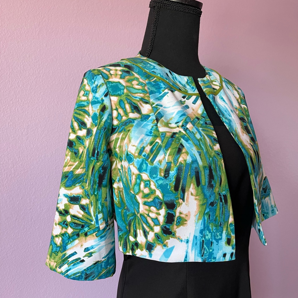 Two Pieces Short Black Dress With Beautiful Colorful Cardigan On Top